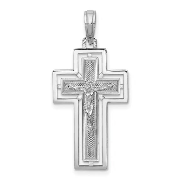 Million Charms 14K White Gold Textured Crucifix w/ Frame Necklace Charm Pendant